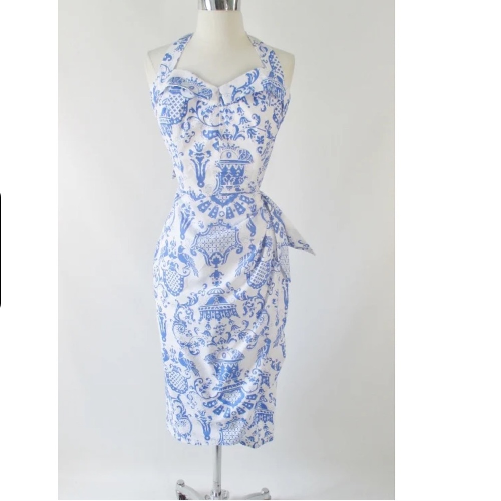 Bernie Dexter Halter Dress in Blue and White